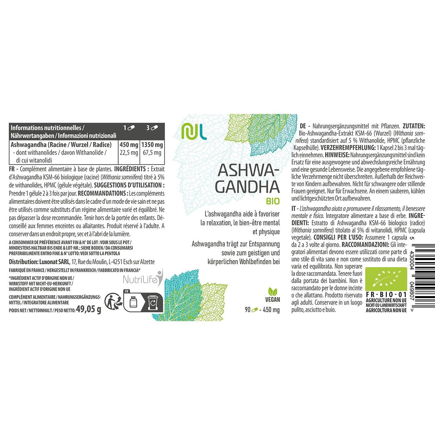 Ashwagandha Bio - favorise la relaxation et le bien-être mental et physique - NutriLife Shop