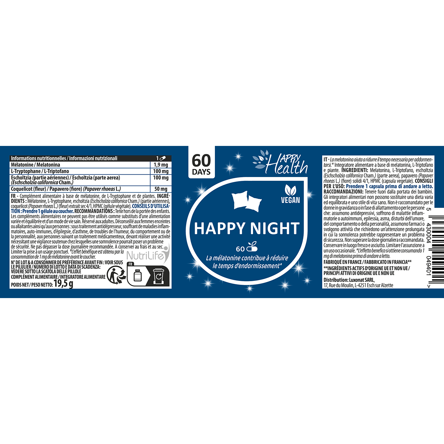 Happy Night : Mélatonine 1,9 mg - NutriLife Shop
